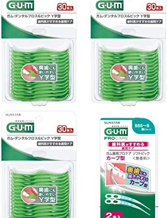 GUM(ガム) デンタルフロス&ピック Y字型 糸付きようじ 歯間ケア 30本入×3個パック+おまけ付き