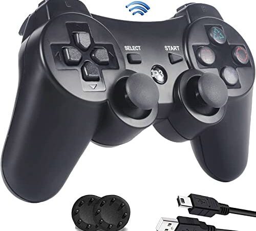 PS3 コントローラー【2022アップグレード版】DUALSHOCK3用 コントローラー Bluetooth 振動機能 ワイヤレス ゲームパッド USB ケーブル PS3 ワイヤレスコントローラー アシストキャップ 2枚付き (ブラック)