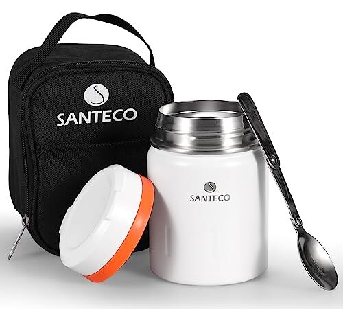 SANTECO 真空断熱 スープジャー 500ml 広口 保温保冷 ランチジャー保温弁当箱 スプーン 専用バッグ付 オシャレ 男女兼用 ピクニック 部活用 ホワイト