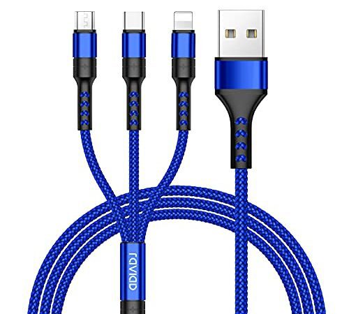 RAVIAD 3in1 充電ケーブル USB ケーブル 3A 急速充電 充電コード USB Type C ケーブル Micro USB ケーブル Phone 充電ケーブル 3台同時給電可能 Phone Android タイプC Xiaomi Galaxy Kindle Sony 等全機種対応 超高耐久 - 1.2M ブルー