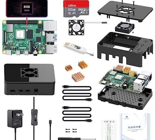 TRASKIT Raspberry Strart Kit/Raspberry Pi 4 /ラズベリーパイ4B（8GB RAM）/MicroSDカード32GB NOOBSプリインストール/専用ブラックケース/ 5V/3A スイッチ付電源 PSE認証/2つのMicroHDMI-to-HDMIケーブルライン/ヒートシンク/静音冷却ファン/カードリーダ/日本語取扱説明書 付