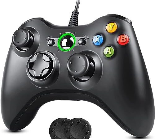 Amtitoker Xbox 360 コントローラー 有線【新改良】USB ゲームパッド PC コントローラー 遅延なし 高耐久ボタン 有線ゲームパッド 人体工学 二重振動 ジョイスティックをアップグレード Microsoft Xbox 360/Xbox 360 Slim/PC/Windows7/8/10対応 アシストキャップ 2枚付き (ブラック)