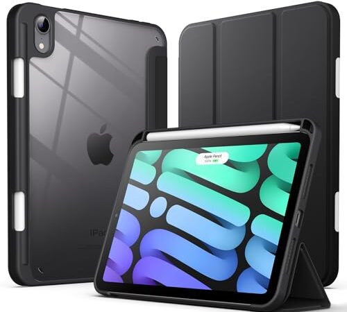 JEDirect iPad mini 6 ケース (8.3インチ、2021モデル) Pencil収納可能 透明バックカバー 薄型 スタンド 衝撃吸収 タブレットカバー オートウェイク/スリープ機能 (ブラック)