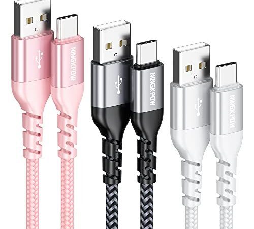 NINGKPOW USB Type C ケーブル【3本セット 2M】タイプc ケーブル 3.1A 急速充電 高速データ転送 USB C ケーブル ナイロン編み USB-A to USB-C ケーブル Galaxy S23/S22/S21/S20, Note 20/10, Huawei P40/P30, OnePlus, Xperia, LGその他Android USB-C機器対応-多色