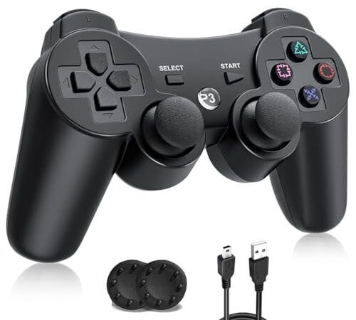 Amtitoker PS3 コントローラー Bluetoot接続 PS3 ワイヤレスコントローラー 6軸センサーと振動機能 500mAh大容量バッテリー 10時間連続使用 高耐久 快適されたボタン 人間工学のDUALSHOCK3用 コントローラー PS3/PC対応 USB ケーブル アシストキャップ 2枚付き(ブラック)